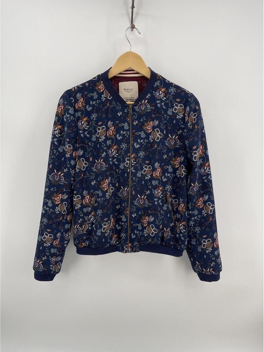 Zara Trafaluc Women’s Floral Bomber Jacket Blue Zip Up Lightweight Size M